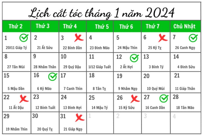 Lịch cắt tóc tháng 1/2024