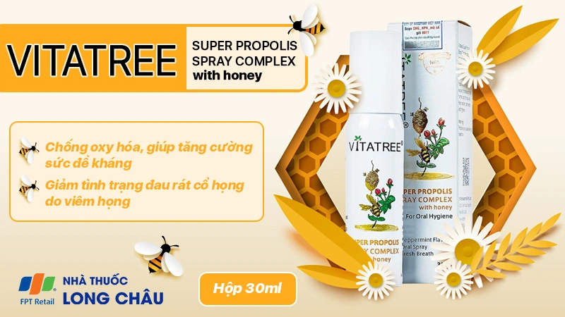 Xịt keo ong Vitatree Super Propolis Spray Complex With Honey hỗ trợ chống oxy hóa, giảm đau rát họng (30ml)